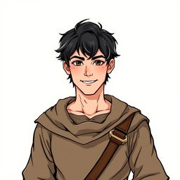 A handsome young commoner man illustrated in the style of Dungeons and Dragons, set against a neutral background