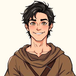 A handsome young commoner man illustrated in the style of Dungeons and Dragons, set against a neutral background