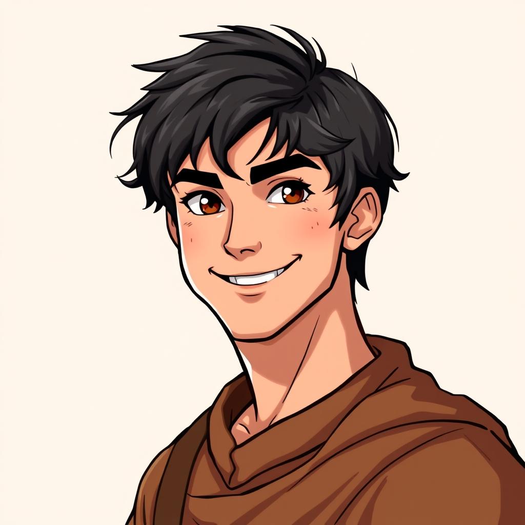 A handsome young commoner man illustrated in the style of Dungeons and Dragons, set against a neutral background