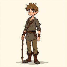 A somewhat lanky young commoner man character from a fantasy setting, standing confidently with a hint of nervous energy, featuring a simple tunic, well-worn trousers, and sturdy boots