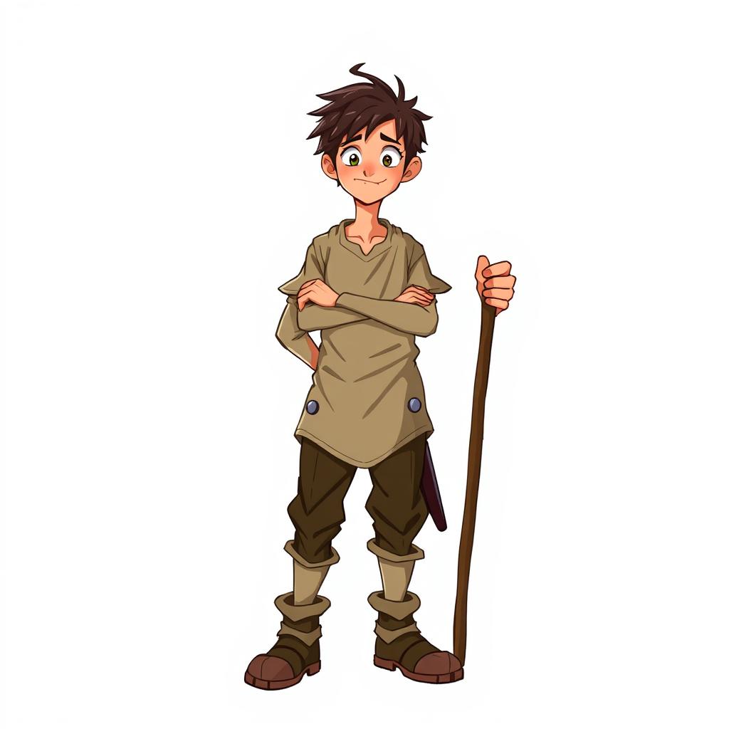 A somewhat lanky young commoner man character from a fantasy setting, standing confidently with a hint of nervous energy, featuring a simple tunic, well-worn trousers, and sturdy boots