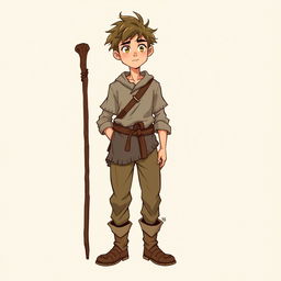 A somewhat lanky young commoner man character from a fantasy setting, standing confidently with a hint of nervous energy, featuring a simple tunic, well-worn trousers, and sturdy boots