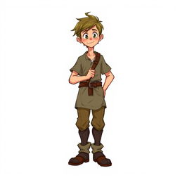 A somewhat lanky young commoner man character from a fantasy setting, standing confidently with a hint of nervous energy, featuring a simple tunic, well-worn trousers, and sturdy boots