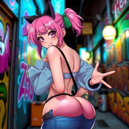 A playful femboy with a naughty expression, showcasing a curvy bubble butt, wearing stylish and trendy clothing