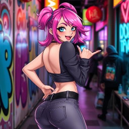 A playful femboy with a naughty expression, showcasing a curvy bubble butt, wearing stylish and trendy clothing