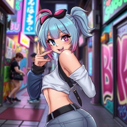 A playful femboy with a naughty expression, showcasing a curvy bubble butt, wearing stylish and trendy clothing