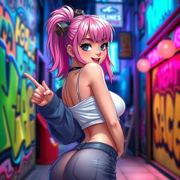 A playful femboy with a naughty expression, showcasing a curvy bubble butt, wearing stylish and trendy clothing