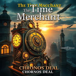 A captivating book cover design for 'The Time Merchant' by Chronos Deal, featuring a steampunk adventure theme
