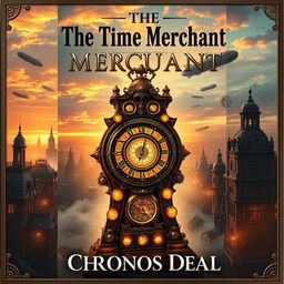 A captivating book cover design for 'The Time Merchant' by Chronos Deal, featuring a steampunk adventure theme