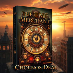 A captivating book cover design for 'The Time Merchant' by Chronos Deal, featuring a steampunk adventure theme