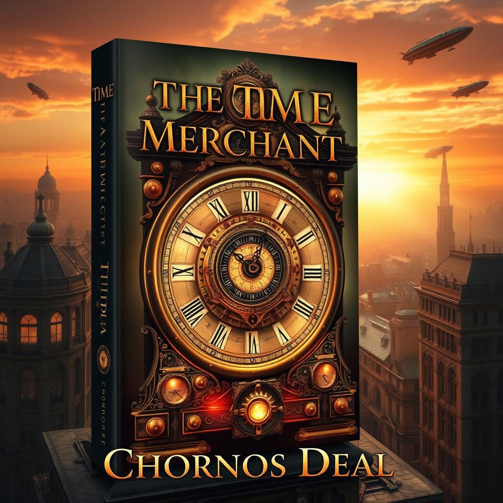 A captivating book cover design for 'The Time Merchant' by Chronos Deal, featuring a steampunk adventure theme