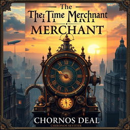 A captivating book cover design for 'The Time Merchant' by Chronos Deal, featuring a steampunk adventure theme