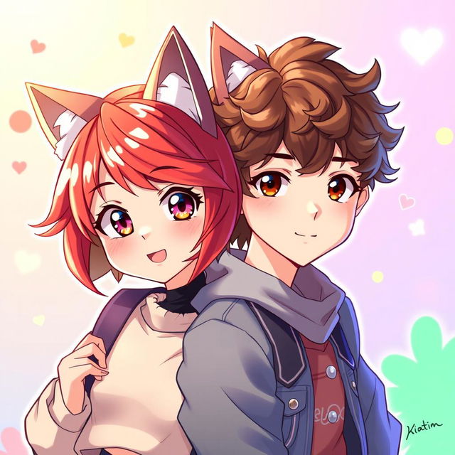 An anime-style illustration of a girl with vibrant dyed red hair styled in a trendy wolf cut, accompanied by a boy with curly brown hair