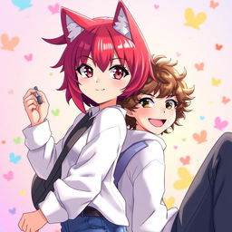 An anime-style illustration of a girl with vibrant dyed red hair styled in a trendy wolf cut, accompanied by a boy with curly brown hair
