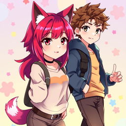 An anime-style illustration of a girl with vibrant dyed red hair styled in a trendy wolf cut, accompanied by a boy with curly brown hair