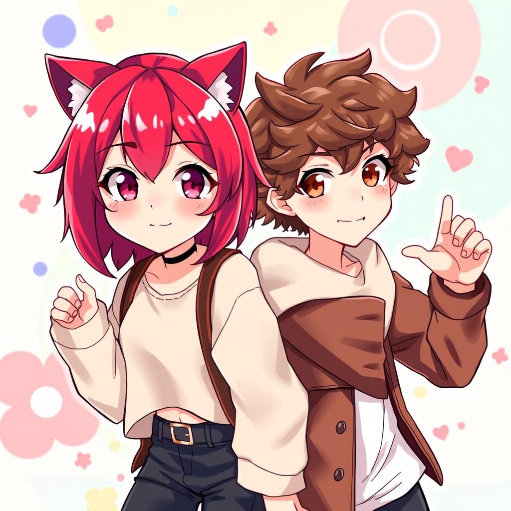 An anime-style illustration of a girl with vibrant dyed red hair styled in a trendy wolf cut, accompanied by a boy with curly brown hair