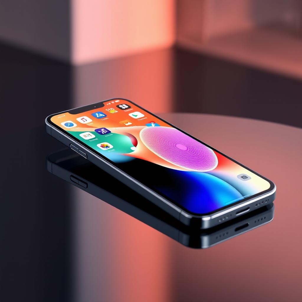 A futuristic smartphone, specifically the iPhone 16 Pro Max, showcased on a sleek, dark reflective surface
