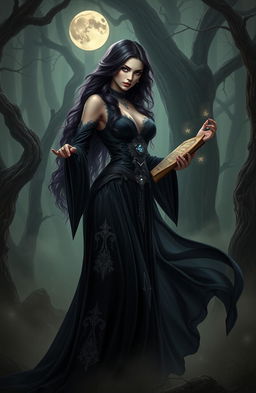 A captivating dark feminine character, embodying strength and mystery, standing confidently in a shadowy, enchanted forest