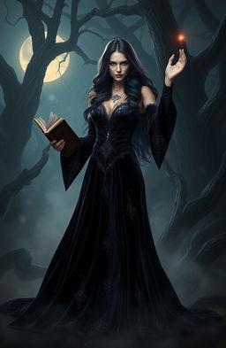 A captivating dark feminine character, embodying strength and mystery, standing confidently in a shadowy, enchanted forest
