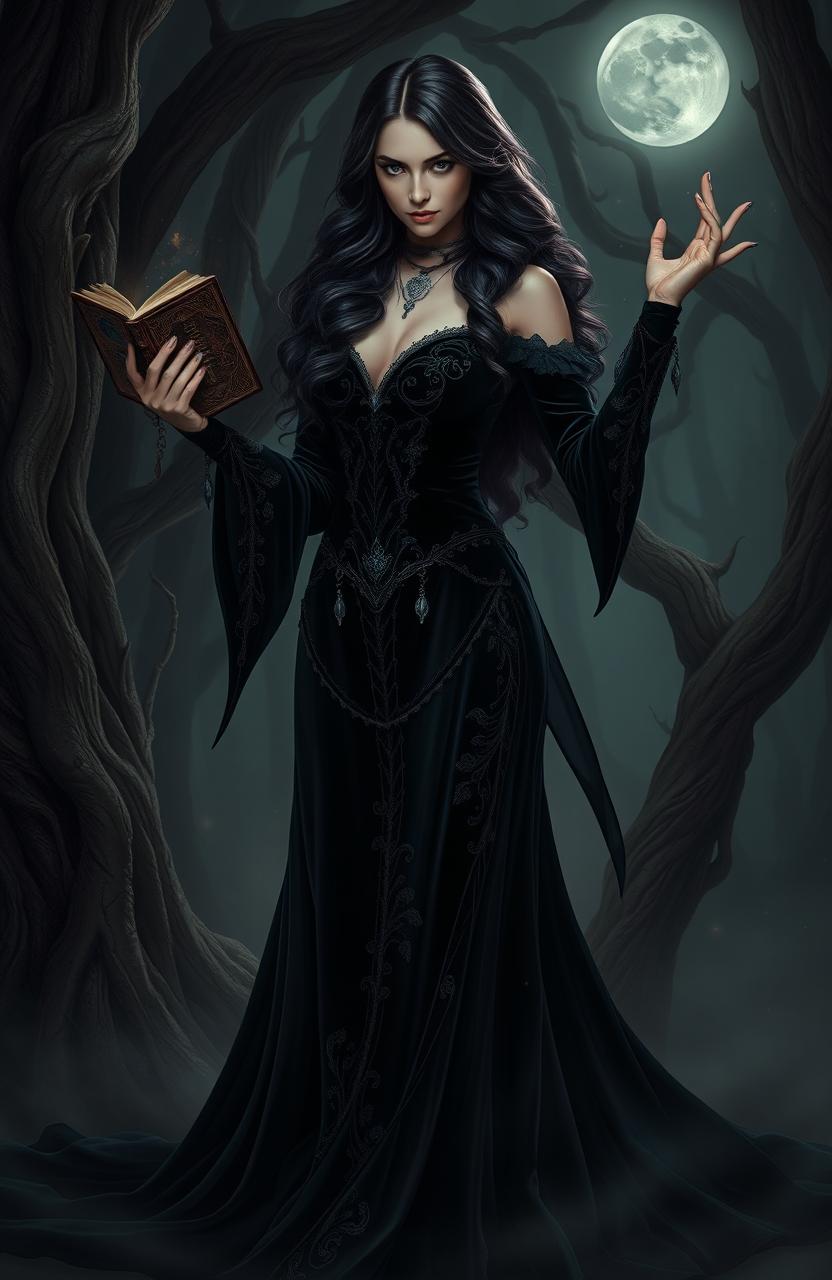 A captivating dark feminine character, embodying strength and mystery, standing confidently in a shadowy, enchanted forest