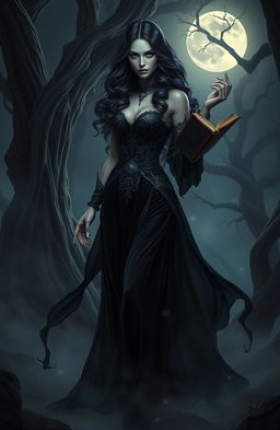 A captivating dark feminine character, embodying strength and mystery, standing confidently in a shadowy, enchanted forest