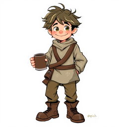 A quiet, goofy young commoner man character from a fantasy setting, depicted with an endearing and playful demeanor