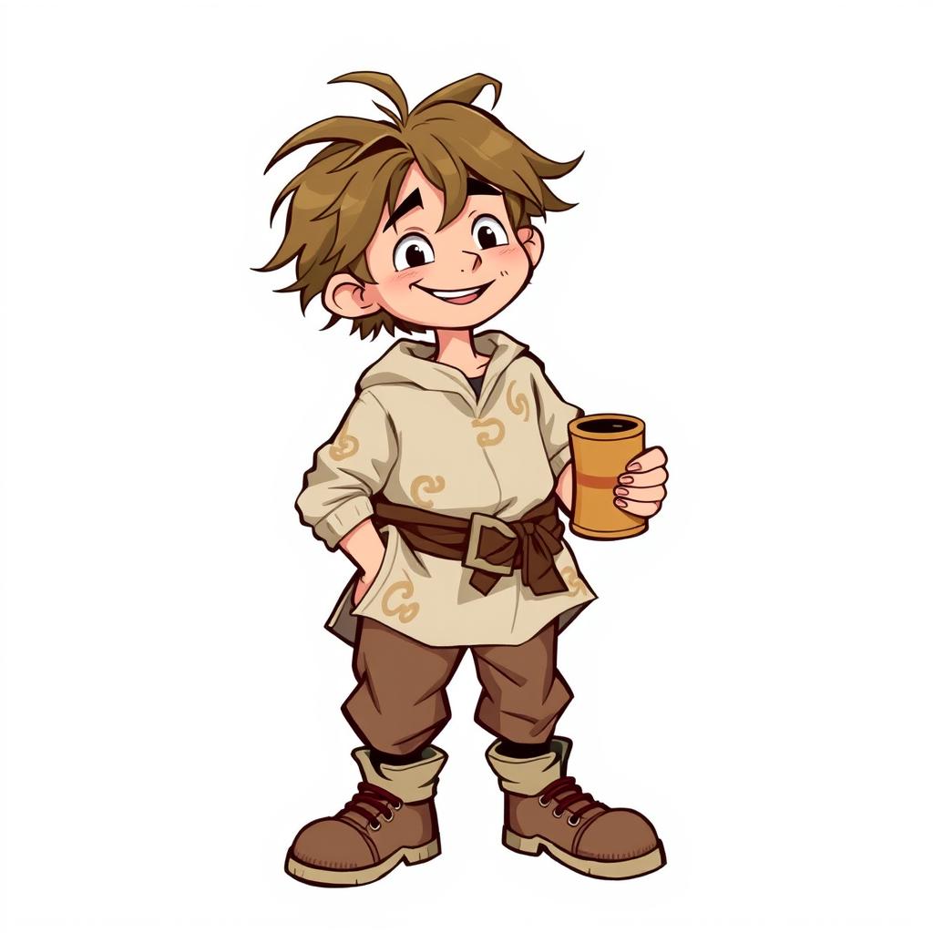 A quiet, goofy young commoner man character from a fantasy setting, depicted with an endearing and playful demeanor