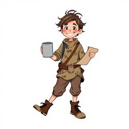 A quiet, goofy young commoner man character from a fantasy setting, depicted with an endearing and playful demeanor