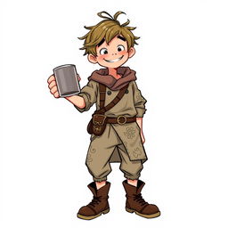 A quiet, goofy young commoner man character from a fantasy setting, depicted with an endearing and playful demeanor