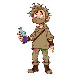 A quiet, goofy commoner man character from a fantasy setting, depicted with a playful and endearing expression