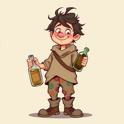A quiet, goofy commoner man character from a fantasy setting, depicted with a playful and endearing expression