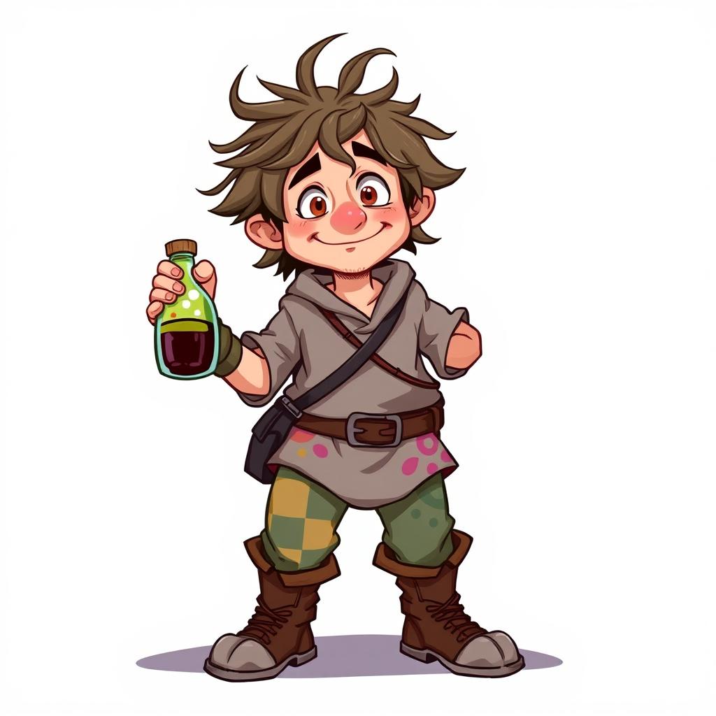 A quiet, goofy commoner man character from a fantasy setting, depicted with a playful and endearing expression