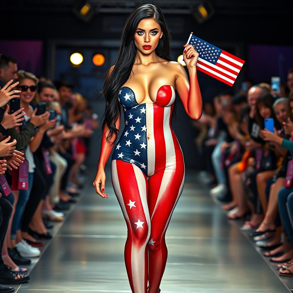 Full length photograph of a shapely beautiful 19-year-old woman with pale skin, long black hair, and stunning crystal blue eyes