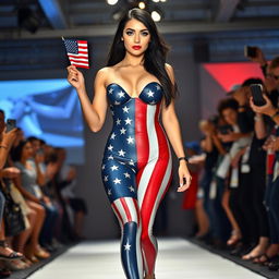 Full length photograph of a shapely beautiful 19-year-old woman with pale skin, long black hair, and stunning crystal blue eyes