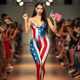 Full length photograph of a shapely beautiful 19-year-old woman with pale skin, long black hair, and stunning crystal blue eyes