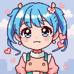 A pixel art representation of an anime girl with vibrant blue hair, striking large expressive eyes, wearing a stylish outfit with a pastel color palette, set against a retro video game background