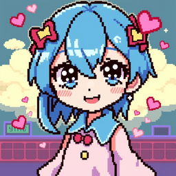 A pixel art representation of an anime girl with vibrant blue hair, striking large expressive eyes, wearing a stylish outfit with a pastel color palette, set against a retro video game background