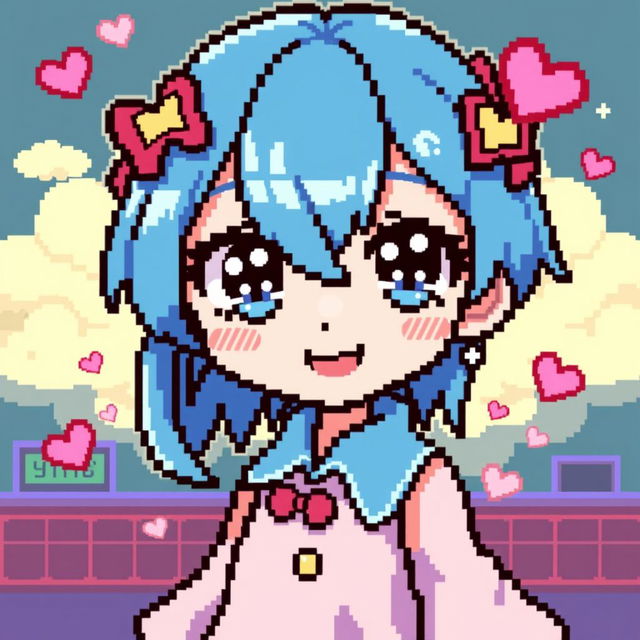 A pixel art representation of an anime girl with vibrant blue hair, striking large expressive eyes, wearing a stylish outfit with a pastel color palette, set against a retro video game background