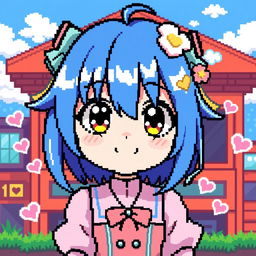 A pixel art representation of an anime girl with vibrant blue hair, striking large expressive eyes, wearing a stylish outfit with a pastel color palette, set against a retro video game background