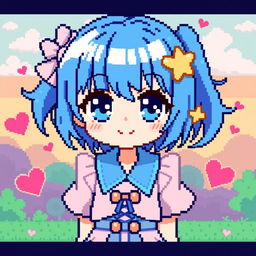 A pixel art representation of an anime girl with vibrant blue hair, striking large expressive eyes, wearing a stylish outfit with a pastel color palette, set against a retro video game background