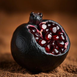 A close-up of a black pomegranate, showcasing its rich dark skin and intricate texture