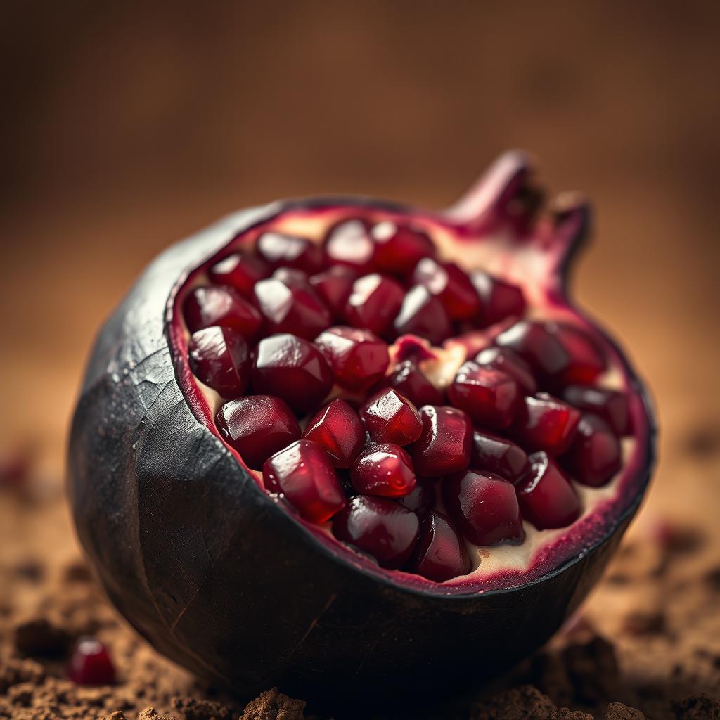 A close-up of a black pomegranate, showcasing its rich dark skin and intricate texture