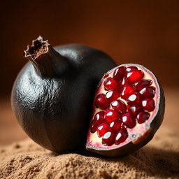 A close-up of a black pomegranate, showcasing its rich dark skin and intricate texture