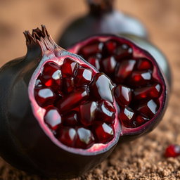 A close-up of a black pomegranate, showcasing its rich dark skin and intricate texture
