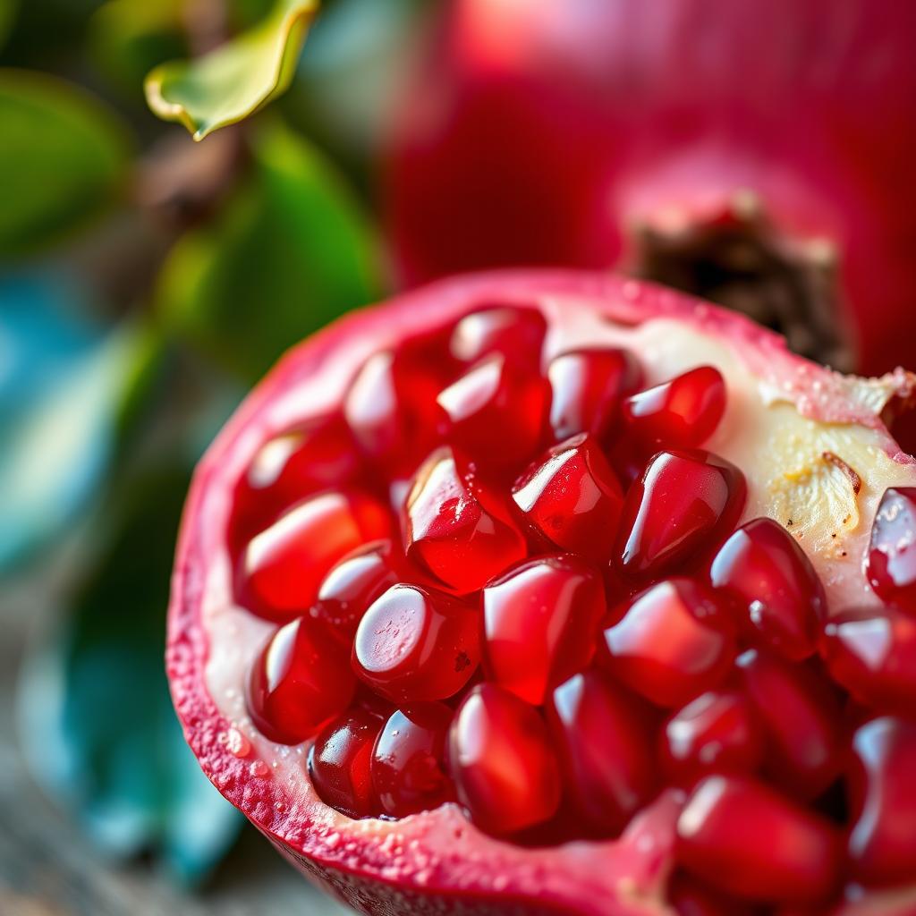A vibrant close-up of a pomegranate cut in half, showcasing its bright red, juicy seeds glistening with moisture