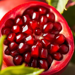 A vibrant close-up of a pomegranate cut in half, showcasing its bright red, juicy seeds glistening with moisture