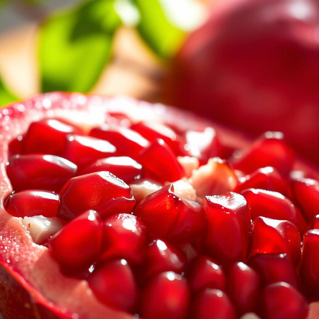 A vibrant close-up of a pomegranate cut in half, showcasing its bright red, juicy seeds glistening with moisture