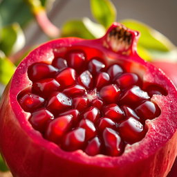 A vibrant close-up of a pomegranate cut in half, showcasing its bright red, juicy seeds glistening with moisture