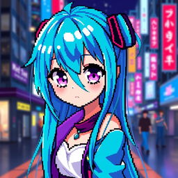 A pixel art anime girl design featuring vibrant colors and a detailed pixelated style