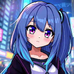 A pixel art anime girl design featuring vibrant colors and a detailed pixelated style